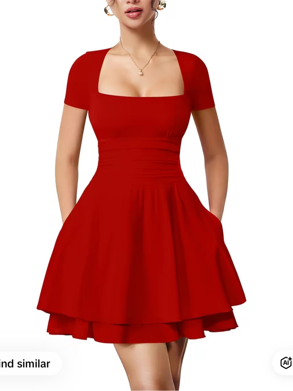 Red Square-Neck Short Sleeve Fit & Flare Dress